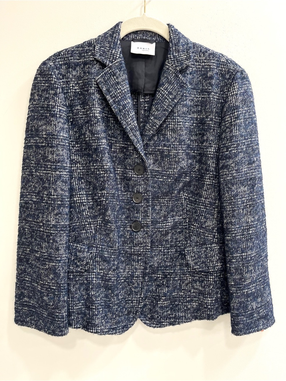 Akris Punto Womens Wool Mohair Alpaca Blazer Jacket Black Navy Plaid Size 10